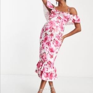 ASOS Maternity Ruffle Floral Pink Off-Shoulder Midi Dress